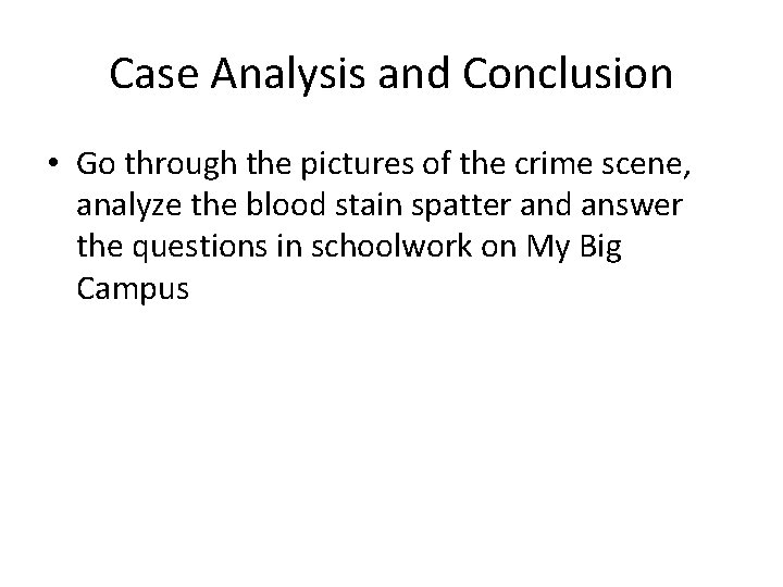 Case Analysis and Conclusion • Go through the pictures of the crime scene, analyze
