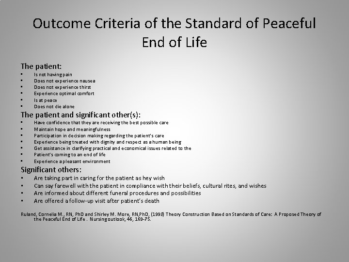 Outcome Criteria of the Standard of Peaceful End of Life The patient: • •