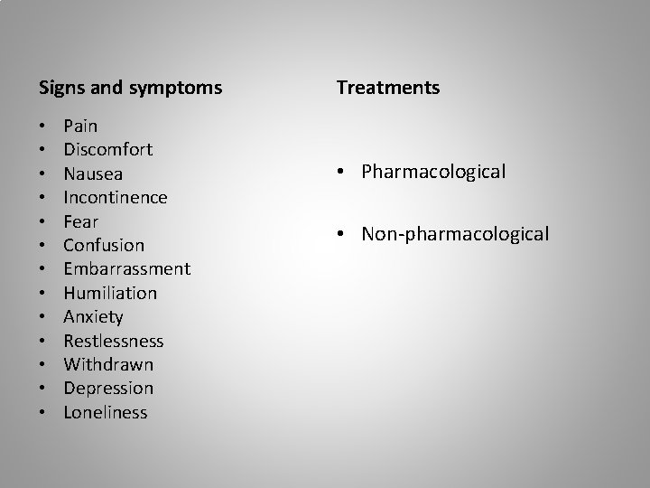 Signs and symptoms • • • • Pain Discomfort Nausea Incontinence Fear Confusion Embarrassment