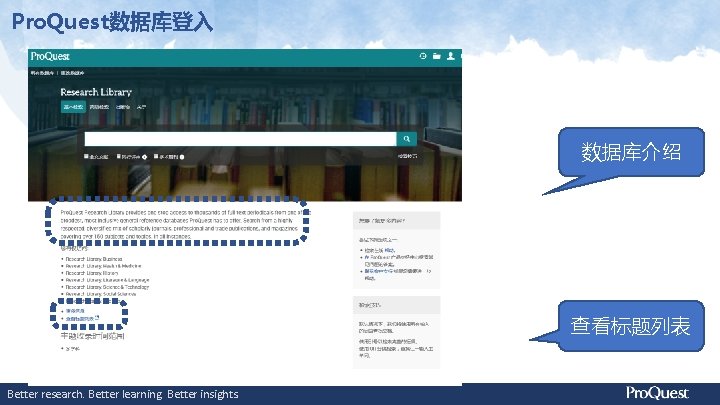 Pro. Quest数据库登入 数据库介绍 查看标题列表 Better research. Better learning. Better insights. 