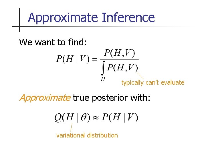 Approximate Inference We want to find: typically can’t evaluate Approximate true posterior with: variational