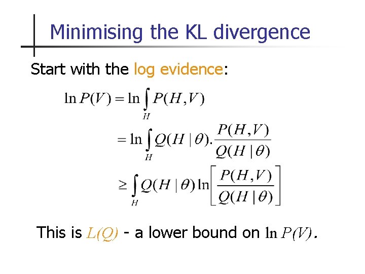 Minimising the KL divergence Start with the log evidence: This is L(Q) - a