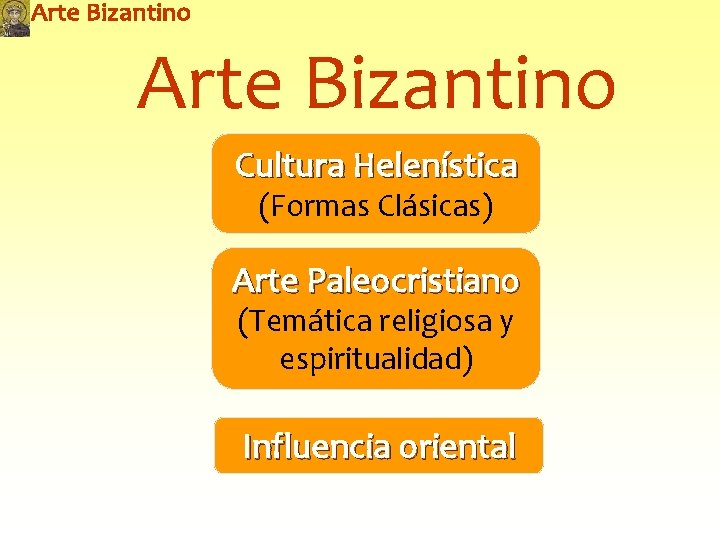 Arte Bizantino Cultura Helenística (Formas Clásicas) Arte Paleocristiano (Temática religiosa y espiritualidad) Influencia oriental