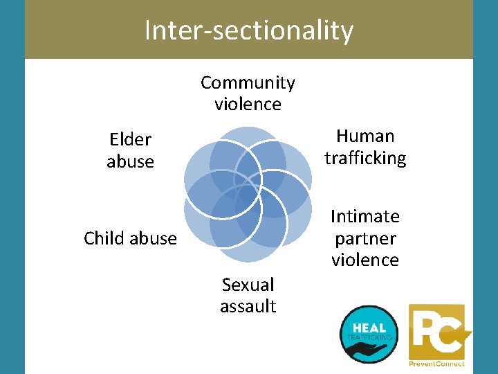 Inter-sectionality Community violence Elder abuse Human trafficking Child abuse Intimate partner violence Sexual assault