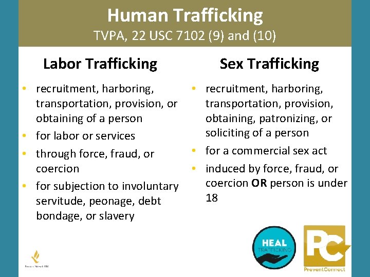 Human Trafficking TVPA, 22 USC 7102 (9) and (10) Labor Trafficking Sex Trafficking •