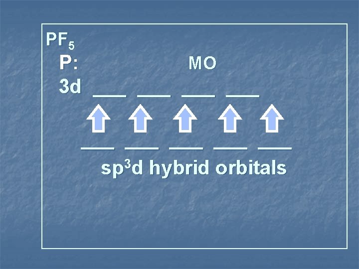 PF 5 P: MO 3 d ___ ___ ___ sp 3 d hybrid orbitals