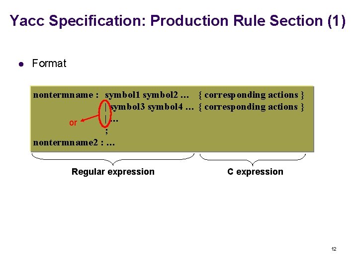 Yacc Specification: Production Rule Section (1) l Format nontermname : symbol 1 symbol 2