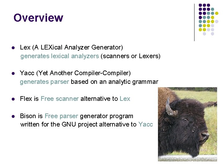 Overview l Lex (A LEXical Analyzer Generator) generates lexical analyzers (scanners or Lexers) l