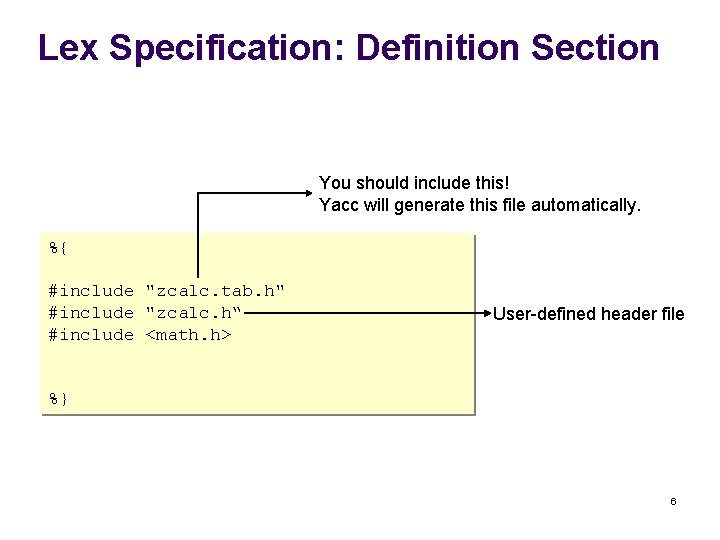 Lex Specification: Definition Section You should include this! Yacc will generate this file automatically.