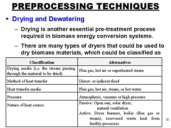 PREPROCESSING TECHNIQUES § Drying and Dewatering – Drying is another essential pre-treatment process required