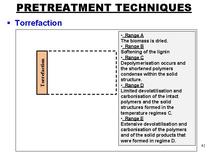 PRETREATMENT TECHNIQUES Torrefaction § Torrefaction • Range A The biomass is dried. • Range
