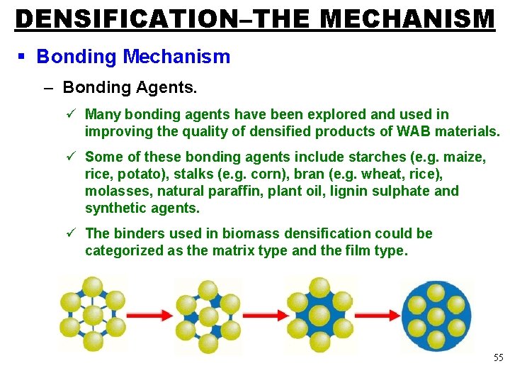 DENSIFICATION–THE MECHANISM § Bonding Mechanism – Bonding Agents. ü Many bonding agents have been
