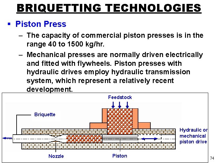 BRIQUETTING TECHNOLOGIES § Piston Press – The capacity of commercial piston presses is in