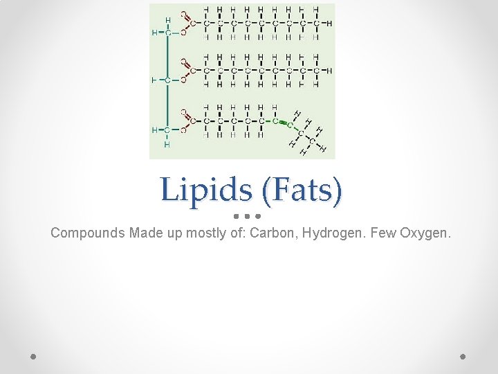 Lipids (Fats) Compounds Made up mostly of: Carbon, Hydrogen. Few Oxygen. 