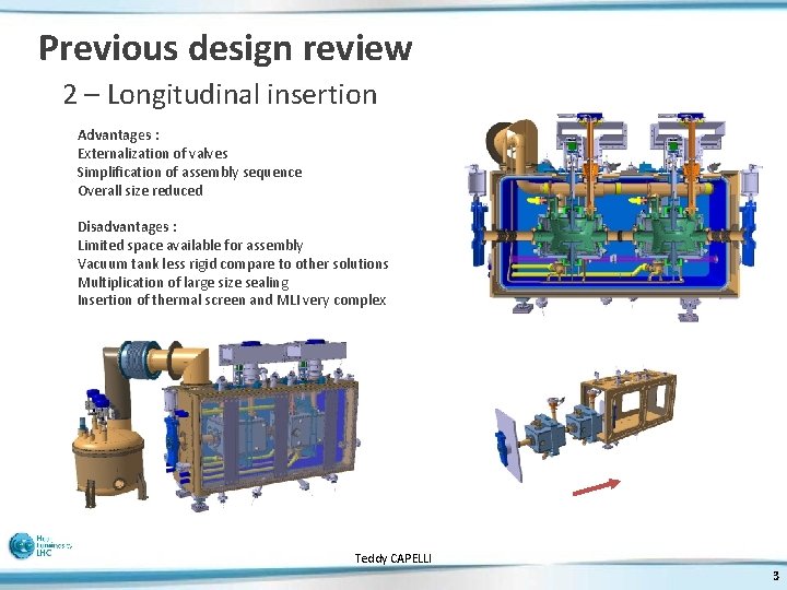 Previous design review 2 – Longitudinal insertion Advantages : Externalization of valves Simplification of