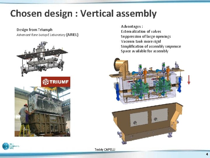 Chosen design : Vertical assembly Advantages : Externalization of valves Suppression of large openings