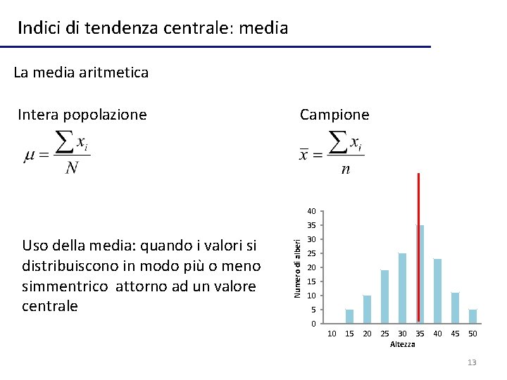 Indici di tendenza centrale: media La media aritmetica Intera popolazione Campione 40 Uso della