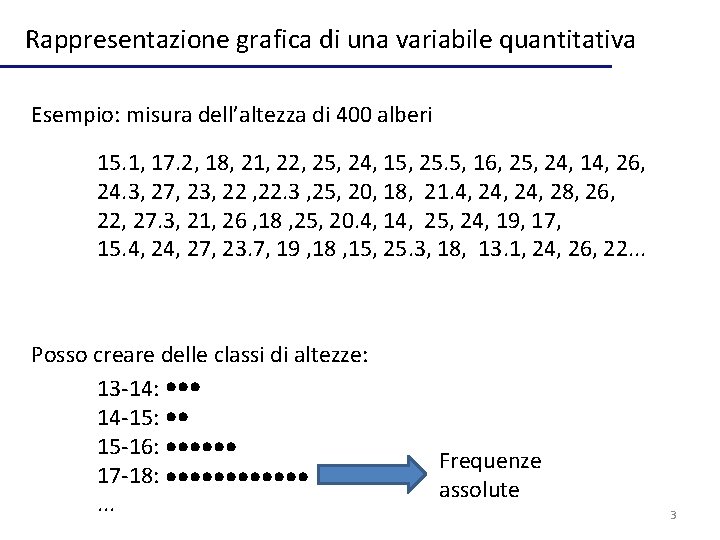 Rappresentazione grafica di una variabile quantitativa Esempio: misura dell’altezza di 400 alberi 15. 1,