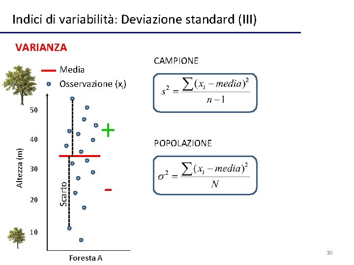 Indici di variabilità: Deviazione standard (III) VARIANZA Media Osservazione (xi) 50 + 30 20