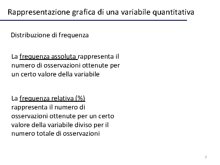 Rappresentazione grafica di una variabile quantitativa Distribuzione di frequenza La frequenza assoluta rappresenta il