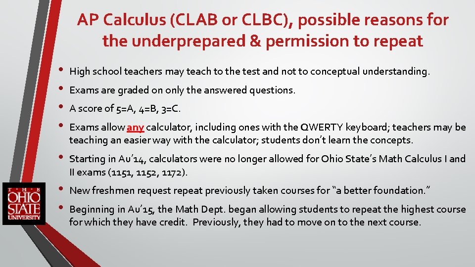AP Calculus (CLAB or CLBC), possible reasons for the underprepared & permission to repeat