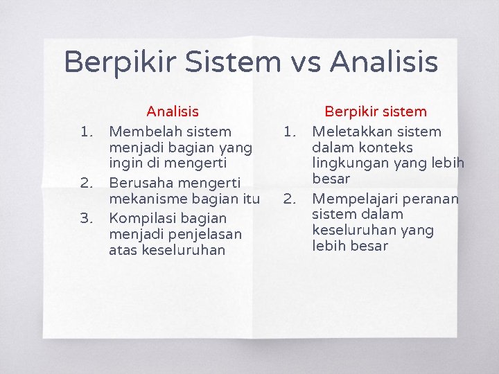 Berpikir Sistem vs Analisis 1. 2. 3. Analisis Membelah sistem menjadi bagian yang ingin