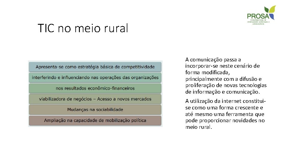 TIC no meio rural A comunicação passa a incorporar-se neste cenário de forma modificada,