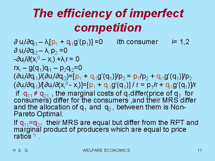 The efficiency of imperfect competition ∂ ui/∂qi 1 – λi[p 1 + qi 1