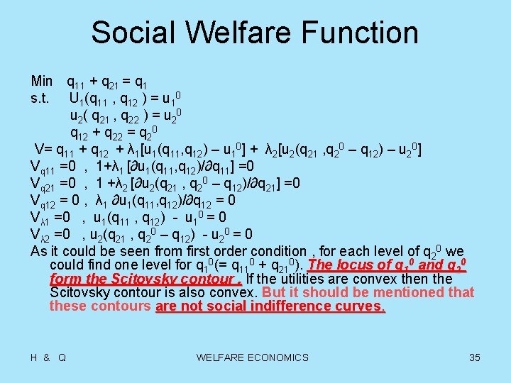 Social Welfare Function Min q 11 + q 21 = q 1 s. t.