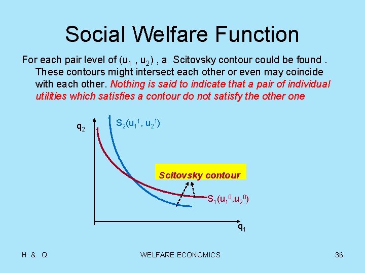 Social Welfare Function For each pair level of (u 1 , u 2) ,