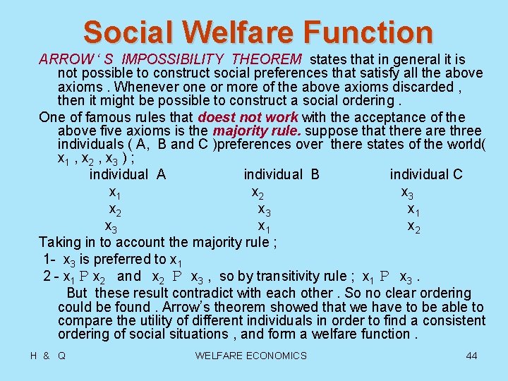 Social Welfare Function ARROW ‘ S IMPOSSIBILITY THEOREM states that in general it is