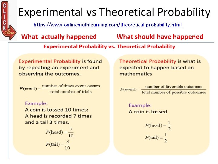 Experimental vs Theoretical Probability https: //www. onlinemathlearning. com/theoretical-probability. html What actually happened What should