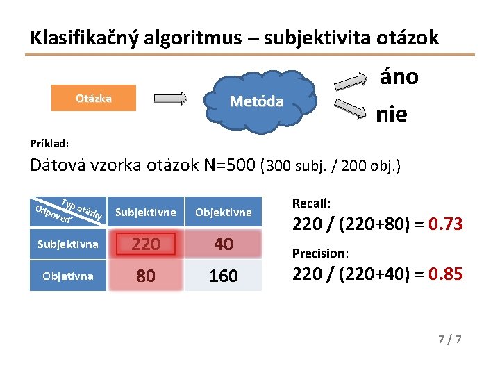 Klasifikačný algoritmus – subjektivita otázok Otázka áno Metóda nie Príklad: Dátová vzorka otázok N=500