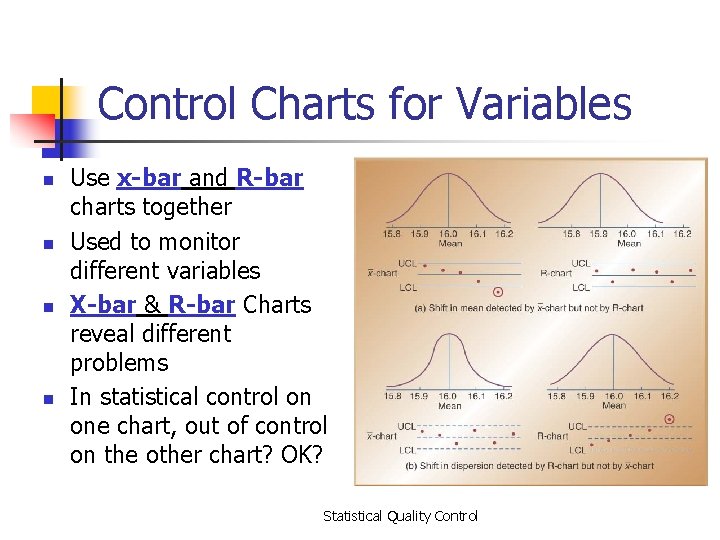 Control Charts for Variables n n Use x-bar and R-bar charts together Used to