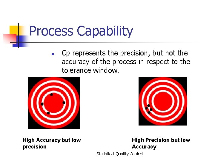 Process Capability n Cp represents the precision, but not the accuracy of the process
