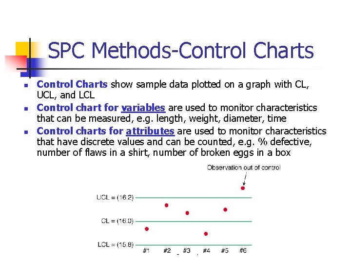 SPC Methods-Control Charts n n n Control Charts show sample data plotted on a