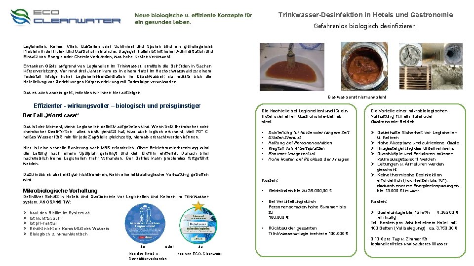 Trinkwasser-Desinfektion in Hotels und Gastronomie Gefahrenlos biologisch desinfizieren Legionellen, Keime, Viren, Bakterien oder Schimmel