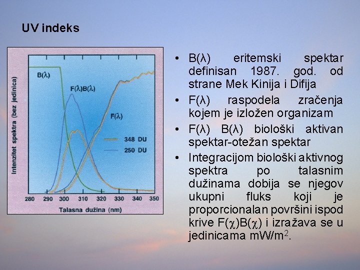 UV indeks • B(λ) eritemski spektar definisan 1987. god. od strane Mek Kinija i