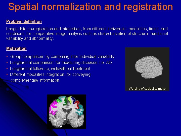 Spatial normalization and registration Problem definition Image data co-registration and integration, from different individuals,