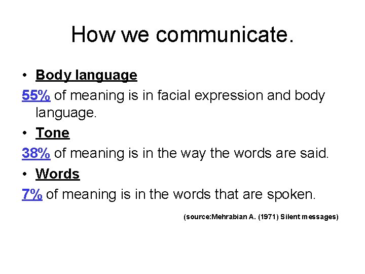 How we communicate. • Body language 55% of meaning is in facial expression and