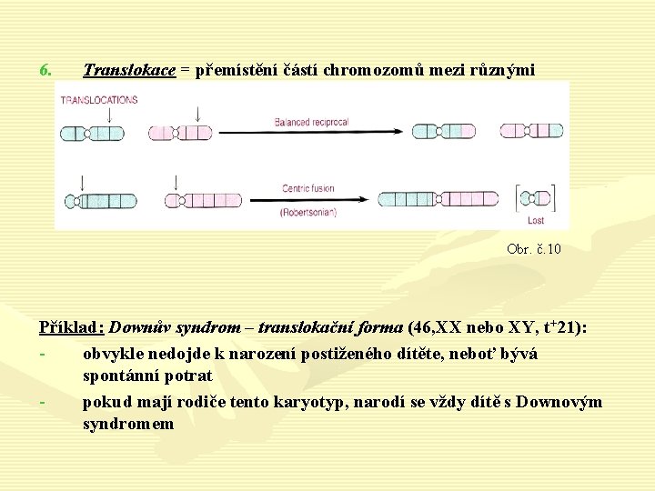 6. Translokace = přemístění částí chromozomů mezi různými chromozomy Obr. č. 10 Příklad: Downův