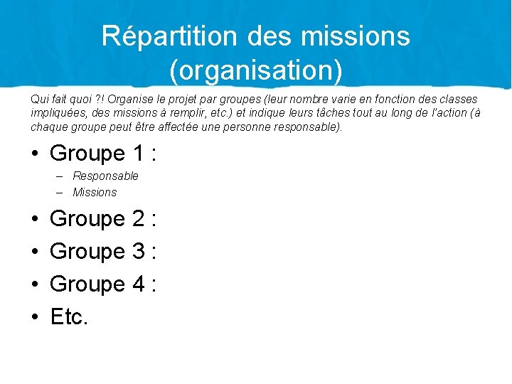 Répartition des missions (organisation) Qui fait quoi ? ! Organise le projet par groupes