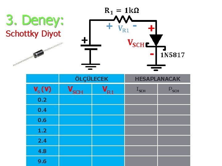3. Deney: Schottky Diyot ÖLÇÜLECEK VS (V) 0. 2 0. 4 0. 6 1.