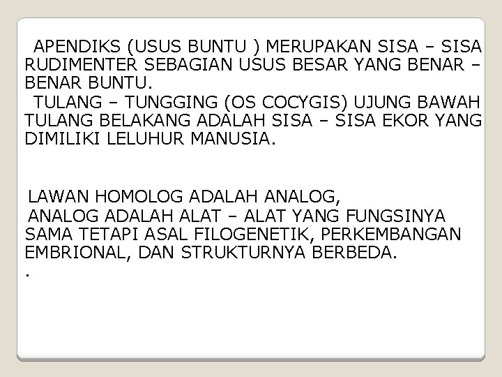  APENDIKS (USUS BUNTU ) MERUPAKAN SISA – SISA RUDIMENTER SEBAGIAN USUS BESAR YANG