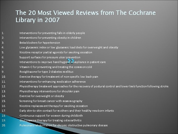 The 20 Most Viewed Reviews from The Cochrane Library in 2007 1. Interventions for