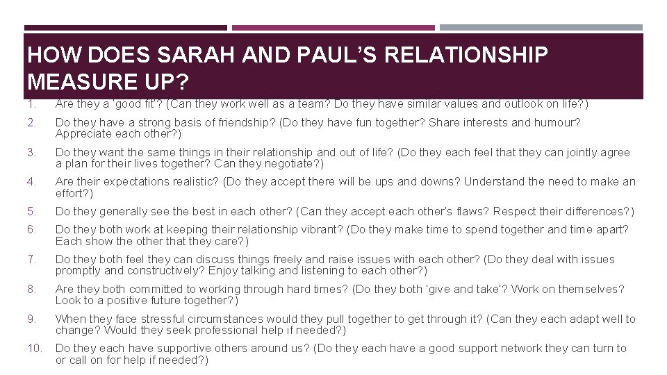 HOW DOES SARAH AND PAUL’S RELATIONSHIP MEASURE UP? 1. Are they a ‘good fit’?