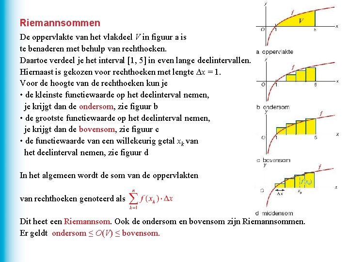 Riemannsommen De oppervlakte van het vlakdeel V in figuur a is te benaderen met