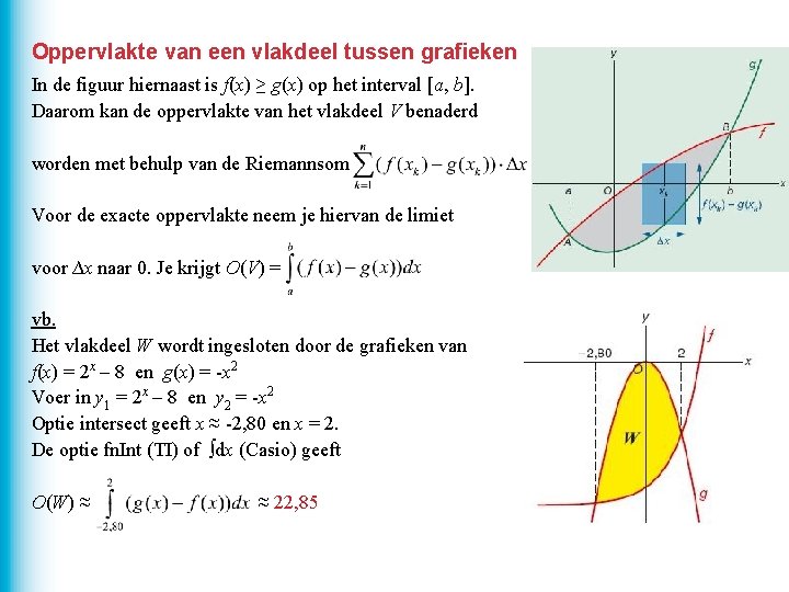 Oppervlakte van een vlakdeel tussen grafieken In de figuur hiernaast is f(x) ≥ g(x)