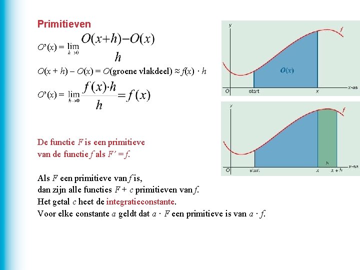 Primitieven O’(x) = O(x + h) – O(x) = O(groene vlakdeel) ≈ f(x) ·