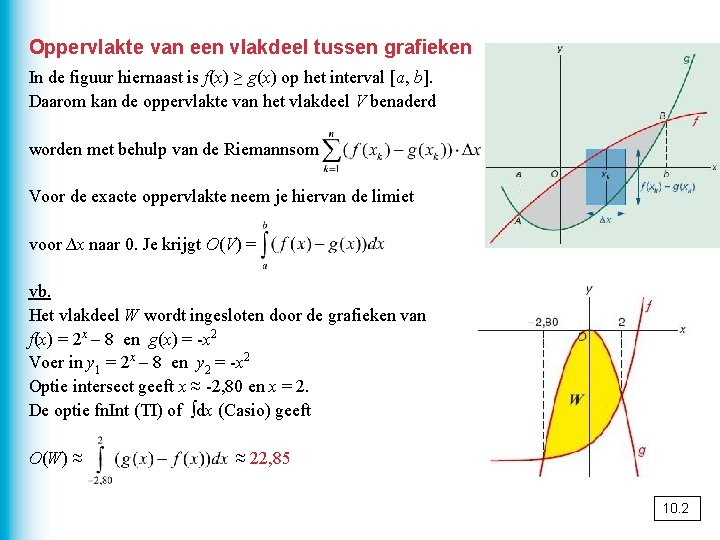 Oppervlakte van een vlakdeel tussen grafieken In de figuur hiernaast is f(x) ≥ g(x)